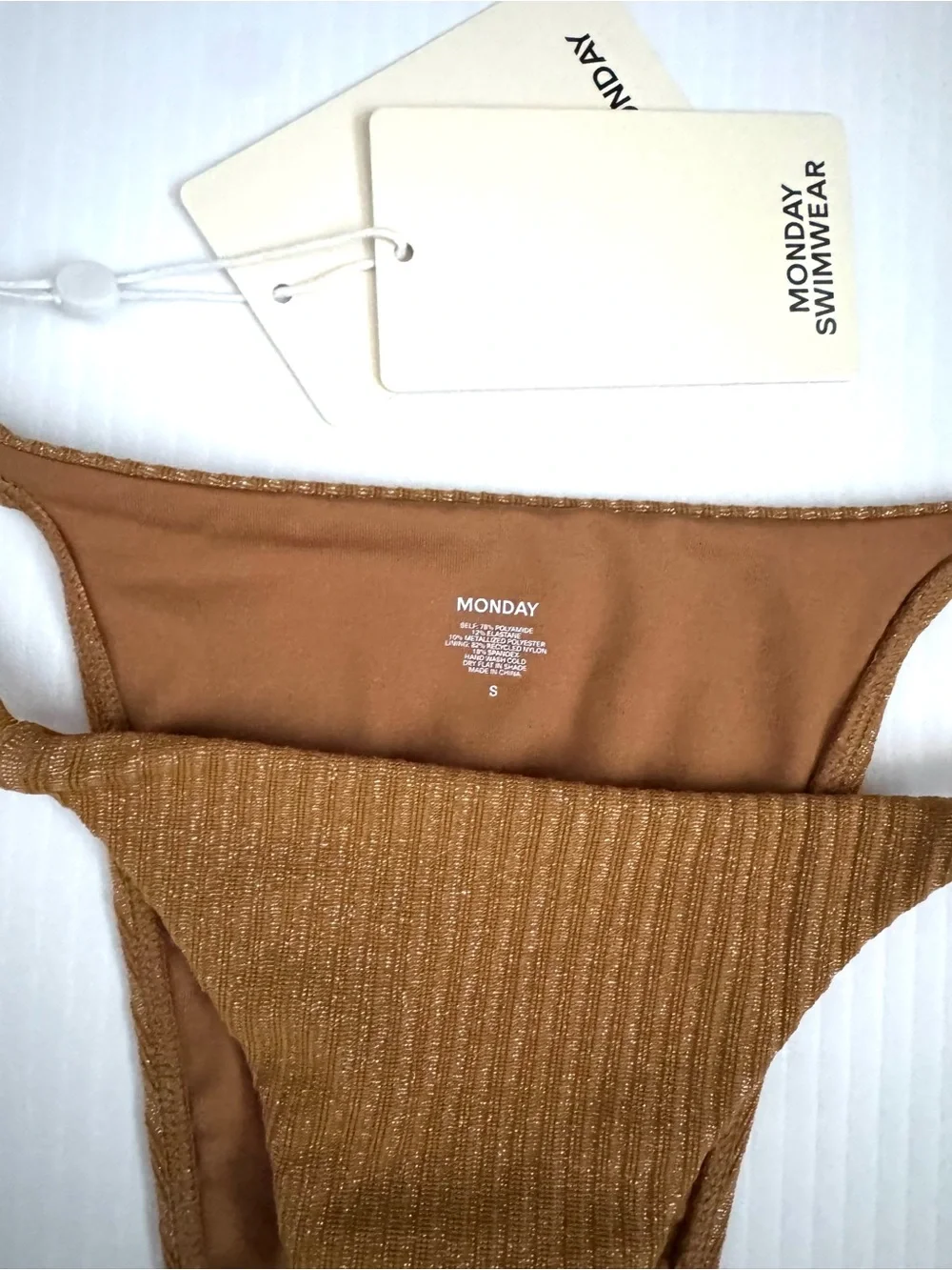 Monday Swimwear NWT Hanalei Top Barbados Bottom Gold Lurex Rib Bikini Set Size S